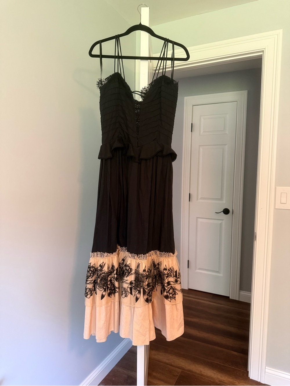 Anthropologie Black and Cream Embroidered poplin Midi Dress